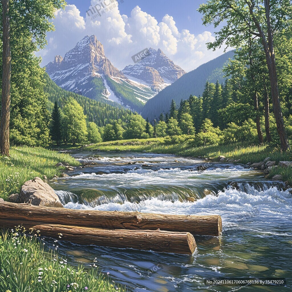 溪流風景油畫