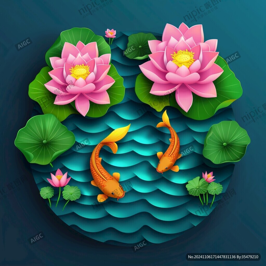 荷花錦鯉插畫