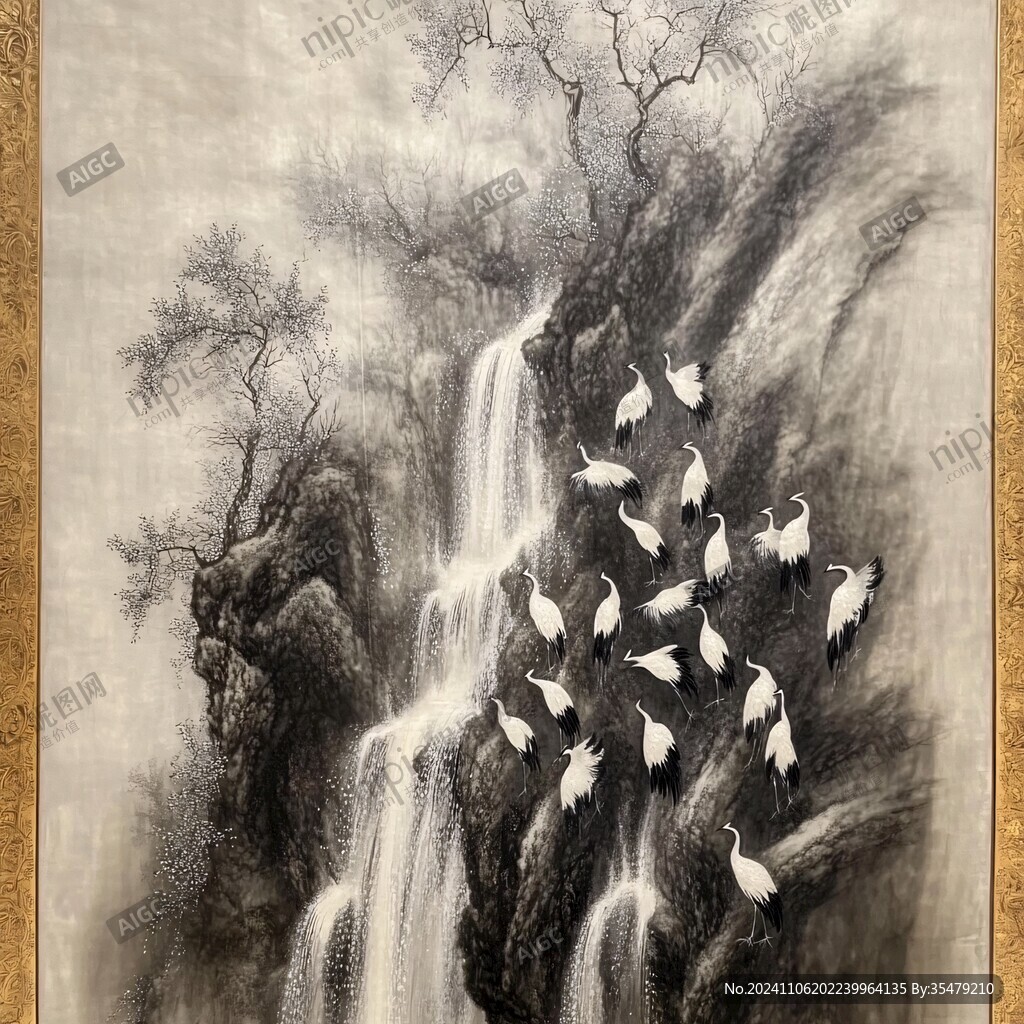 圓形瀑布鶴舞裝飾畫