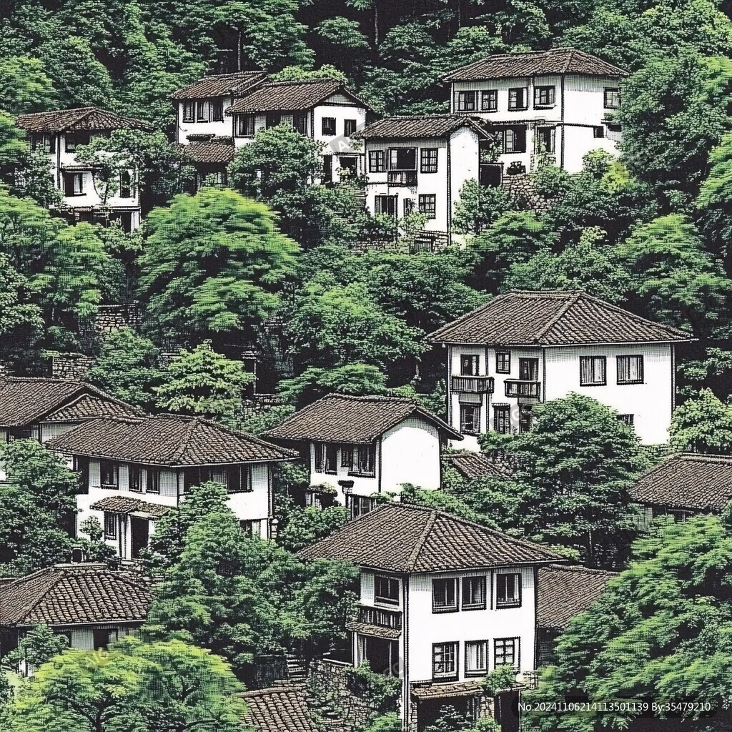 密集房屋綠色山林樹木