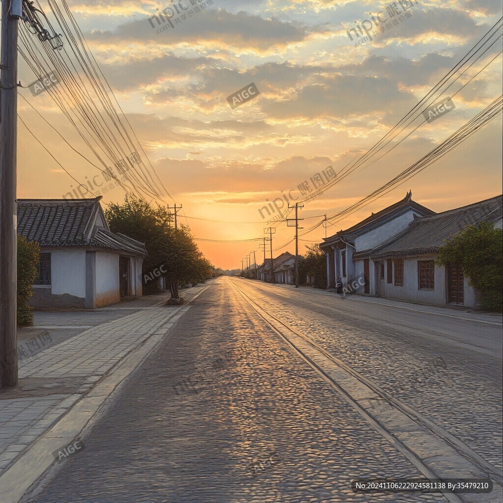 夕陽下村莊街道建筑