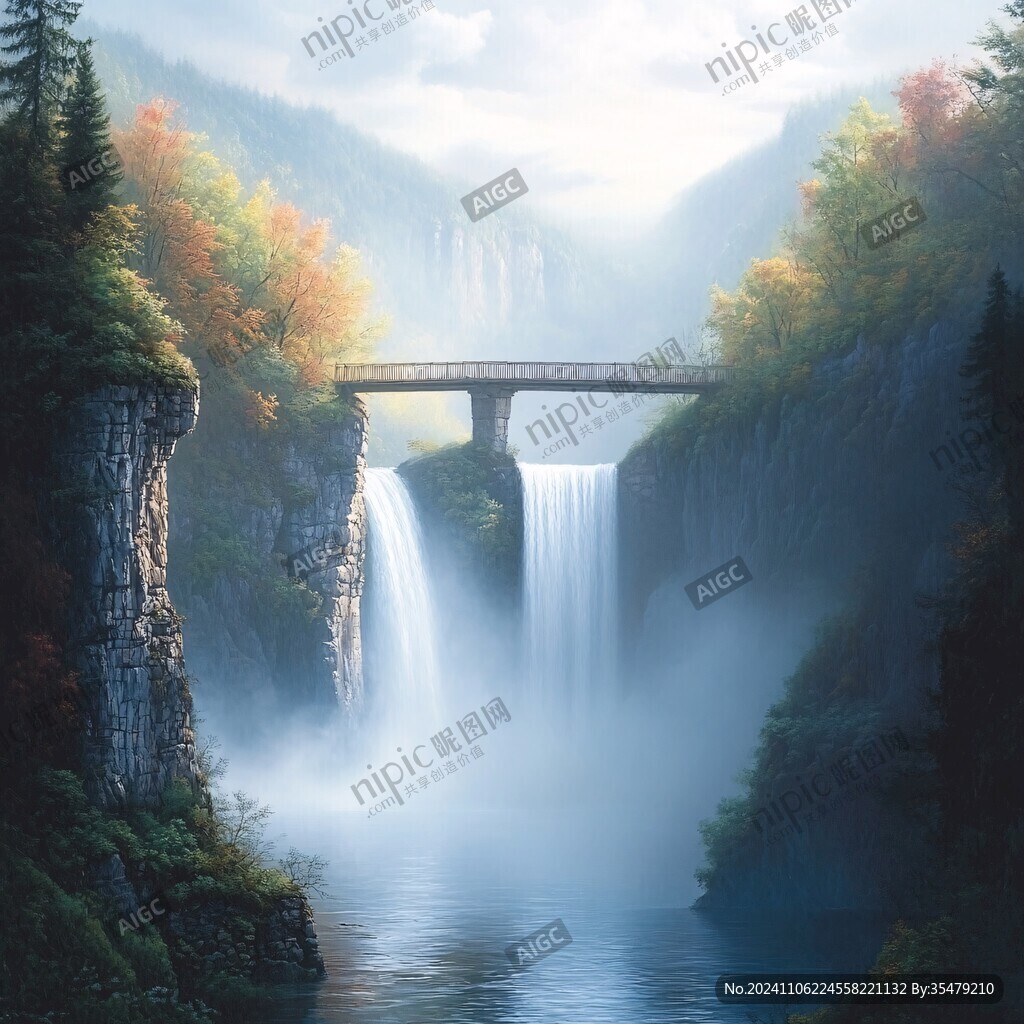 山水風(fēng)景油畫瀑布