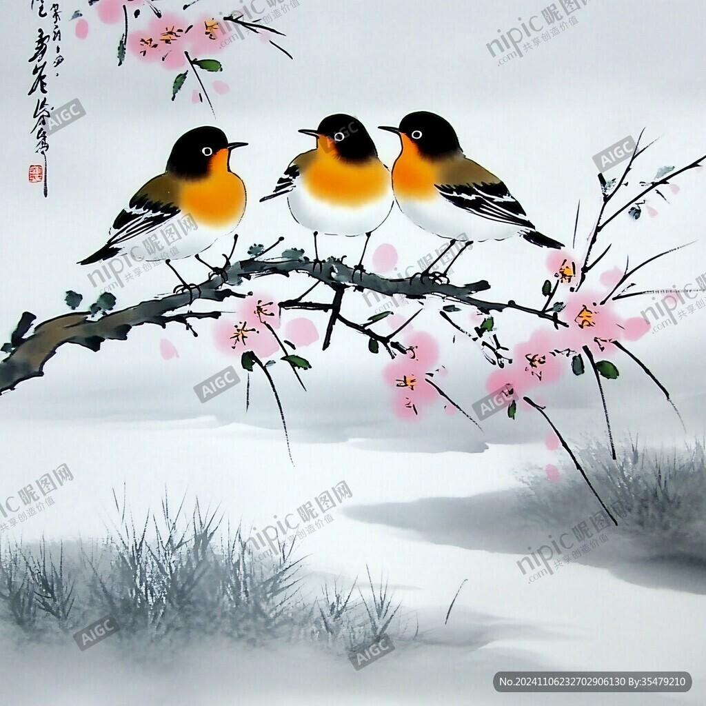 喜鵲梅花手繪