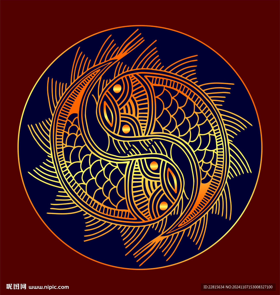 矢量燙金色魚紋團(tuán)紋樣