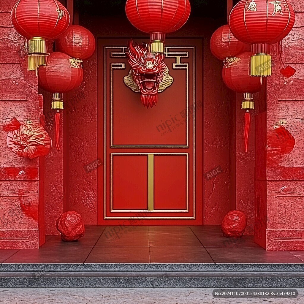 中式大門掛紅燈籠