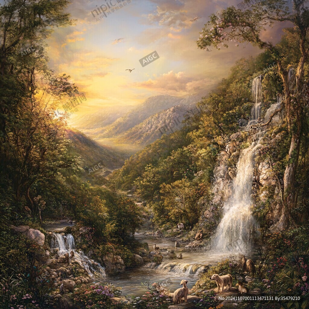 山水風景油畫瀑布