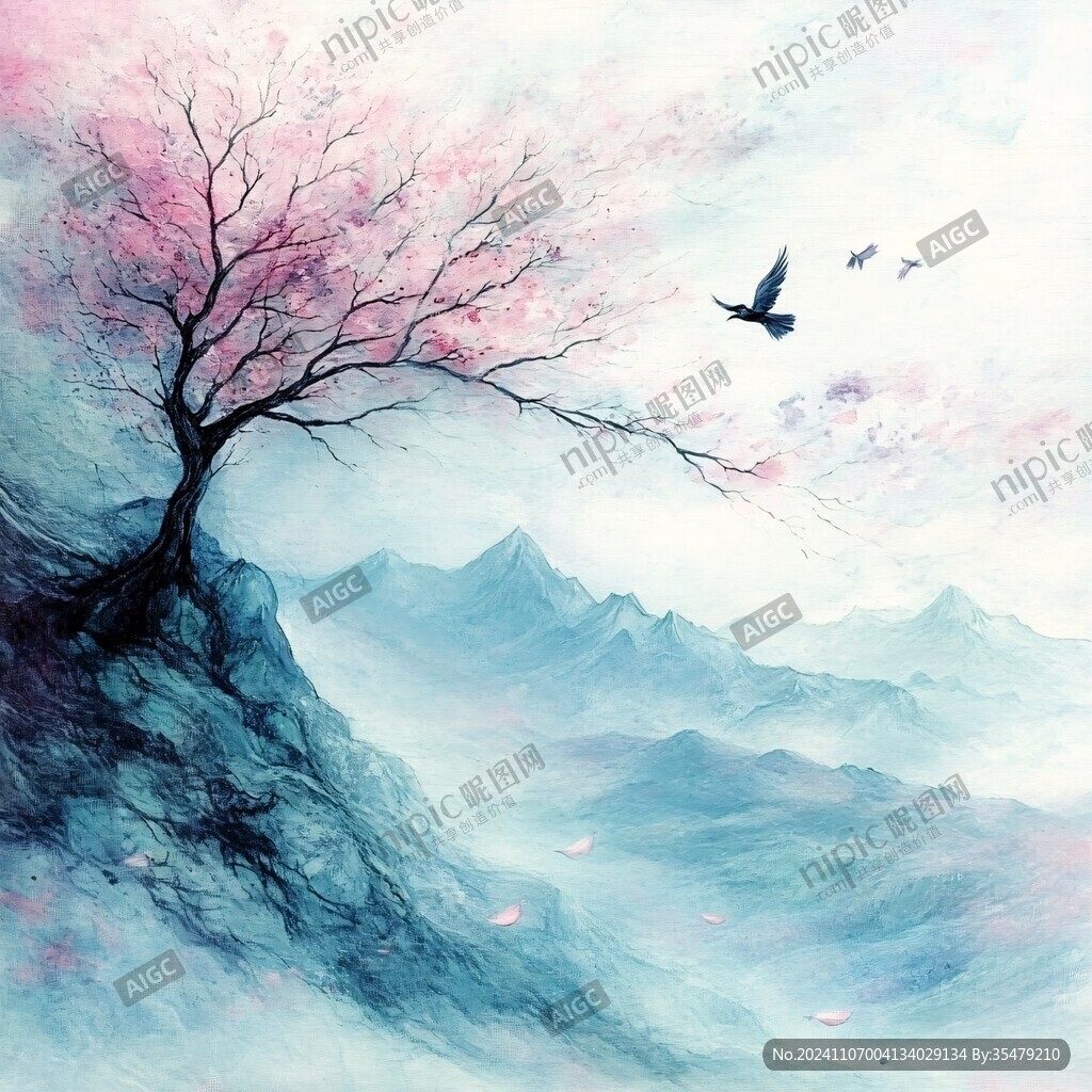 桃花古風插畫燕子