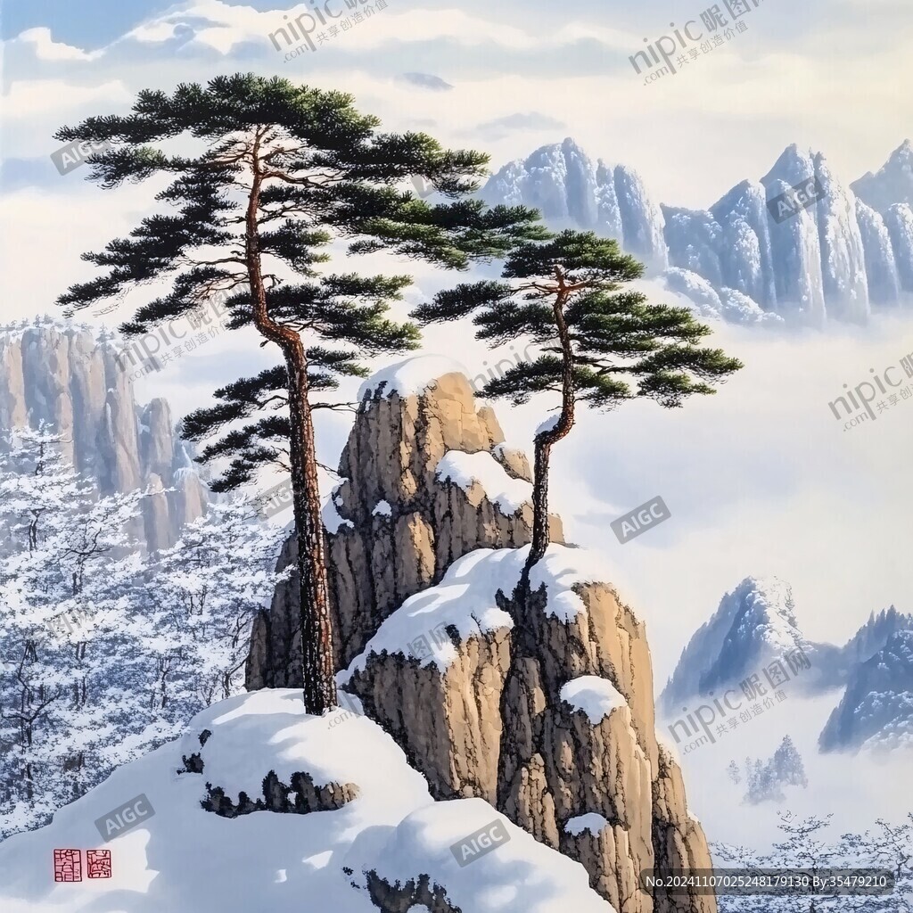 迎客松油畫