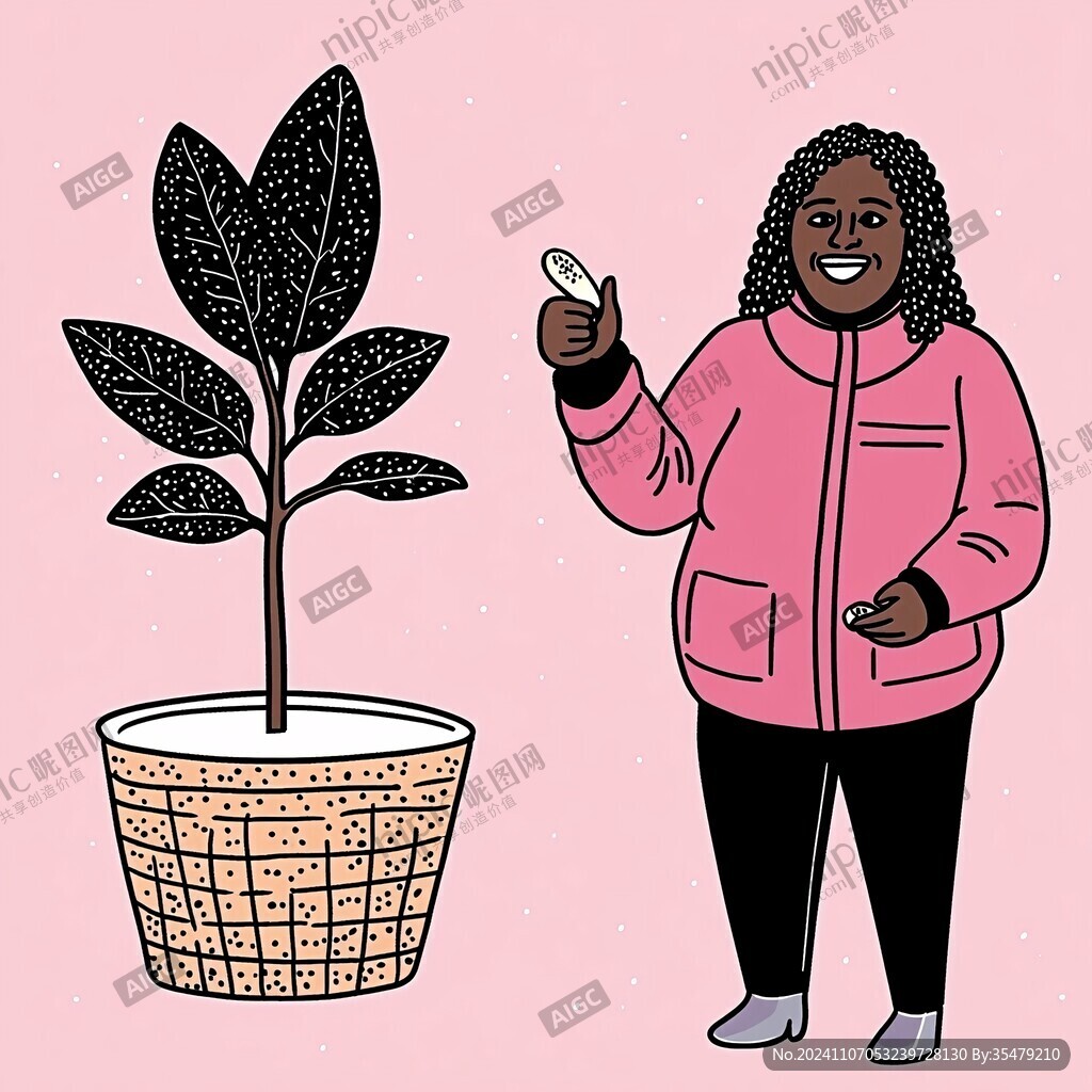 端綠植的卡通女孩