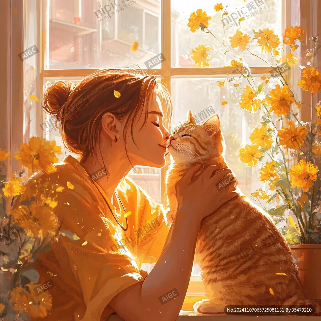 擼貓少女插畫