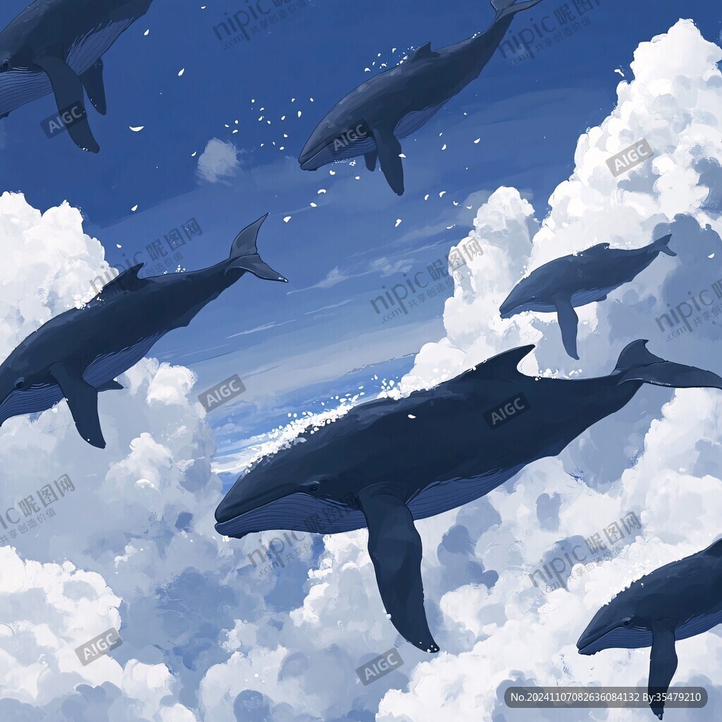 飛翔空中幻想鯨魚插畫