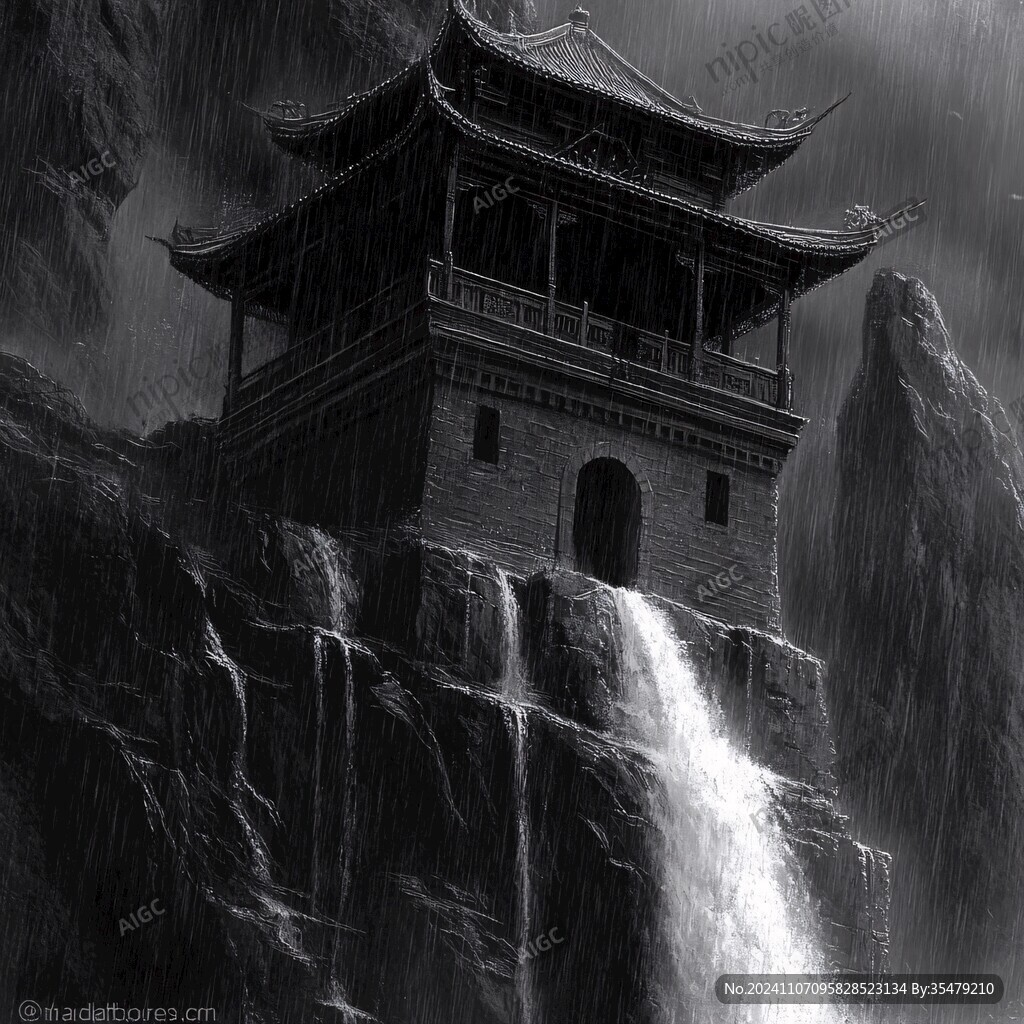 中式古代建筑雨景
