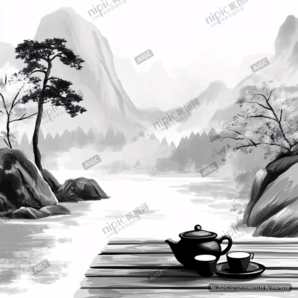 水墨山水畫寫意禪茶道