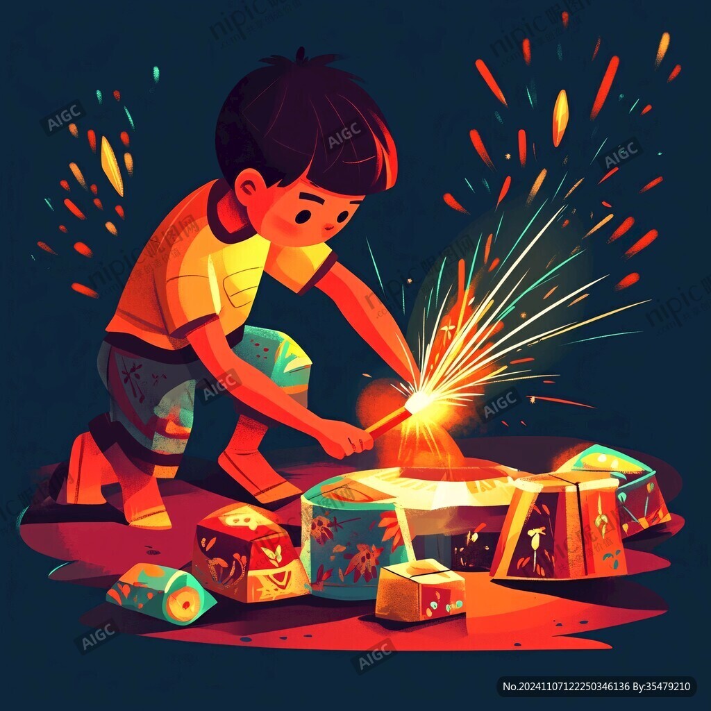 小孩點爆竹插畫