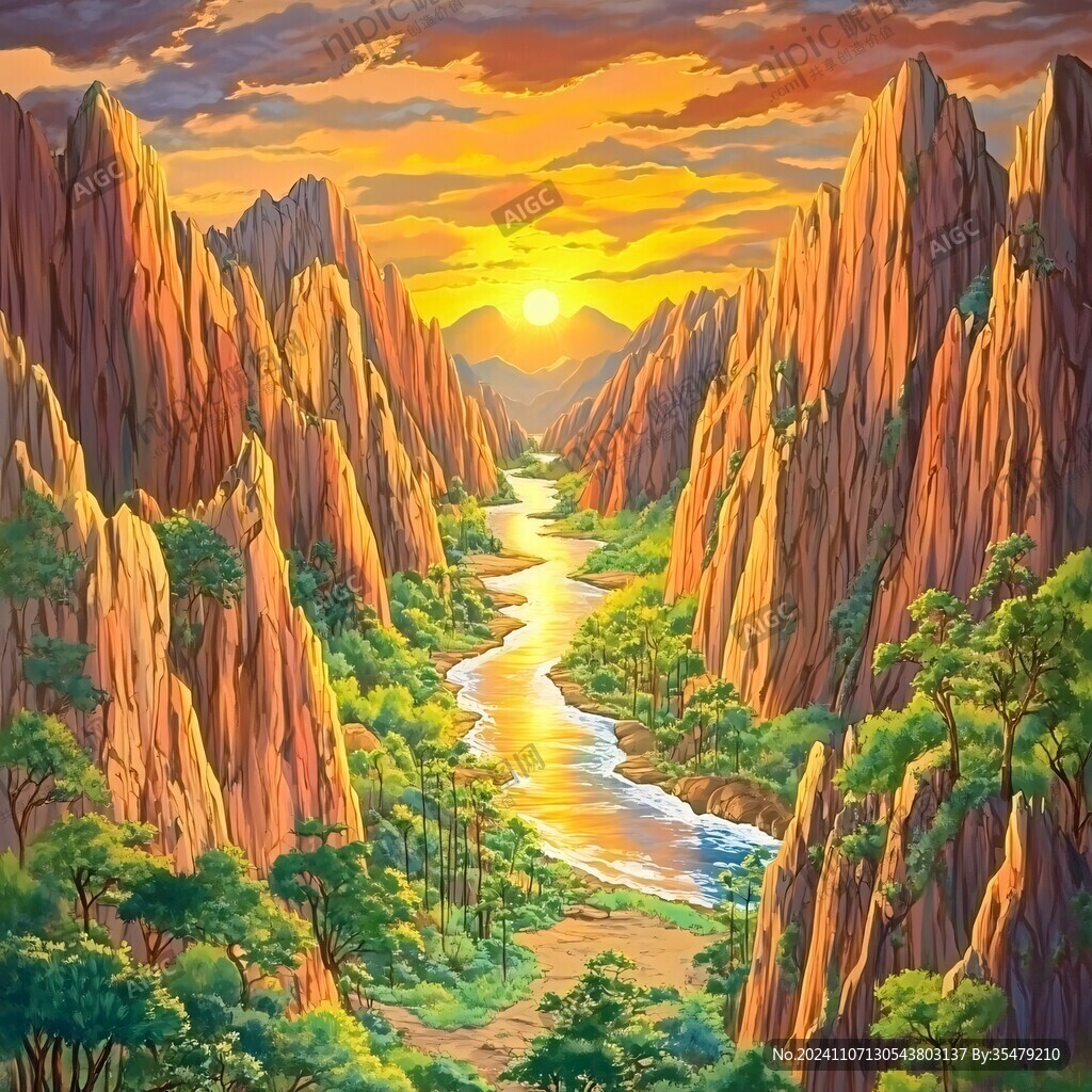 山水夕陽油畫