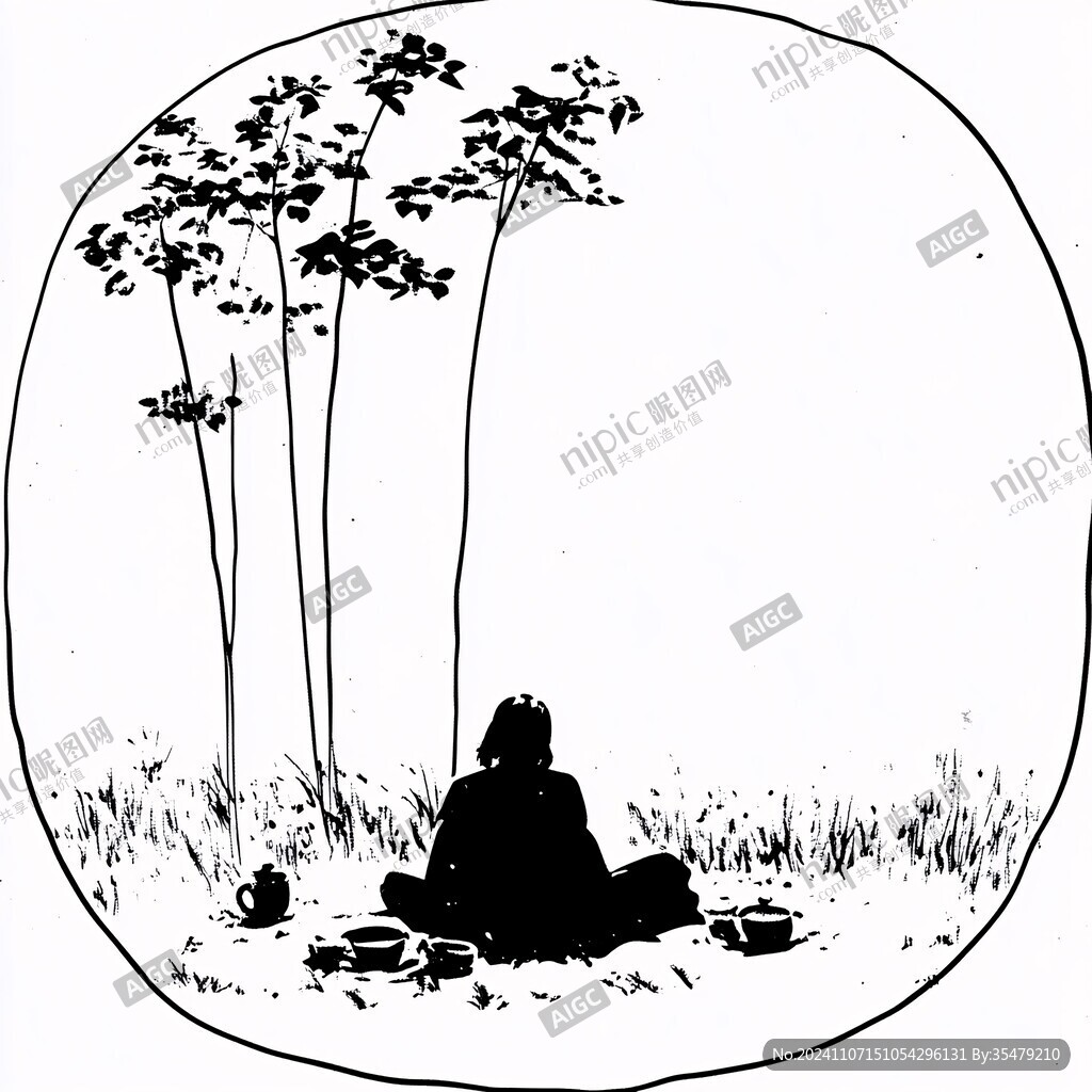 圓形禪意手繪線描畫