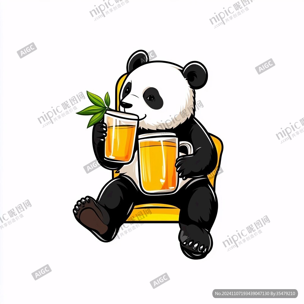 手繪喝啤酒的熊貓