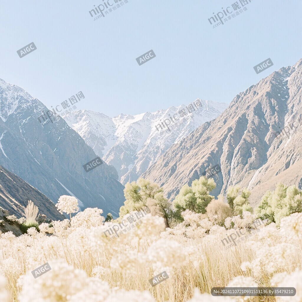金秋黃葉藍天白雪山峰