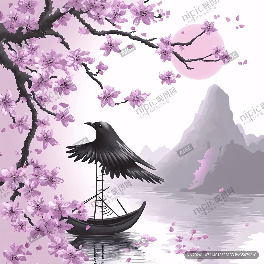 桃花古風插畫燕子