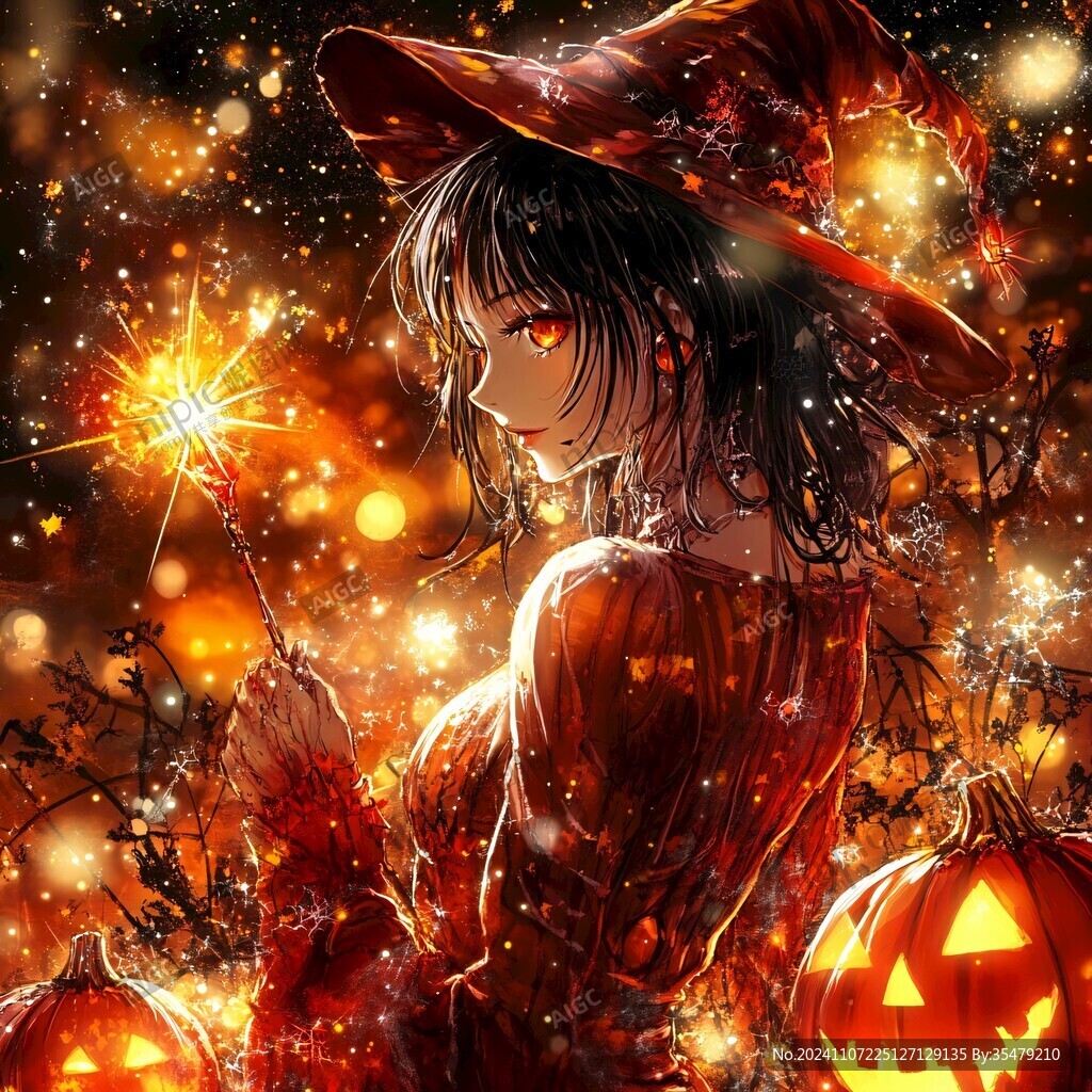 魔法女巫南瓜燈插畫