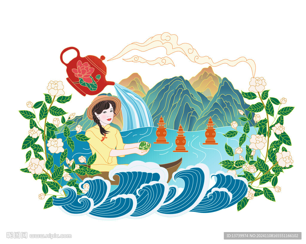 西湖龍井茶葉農(nóng)產(chǎn)品包裝插畫