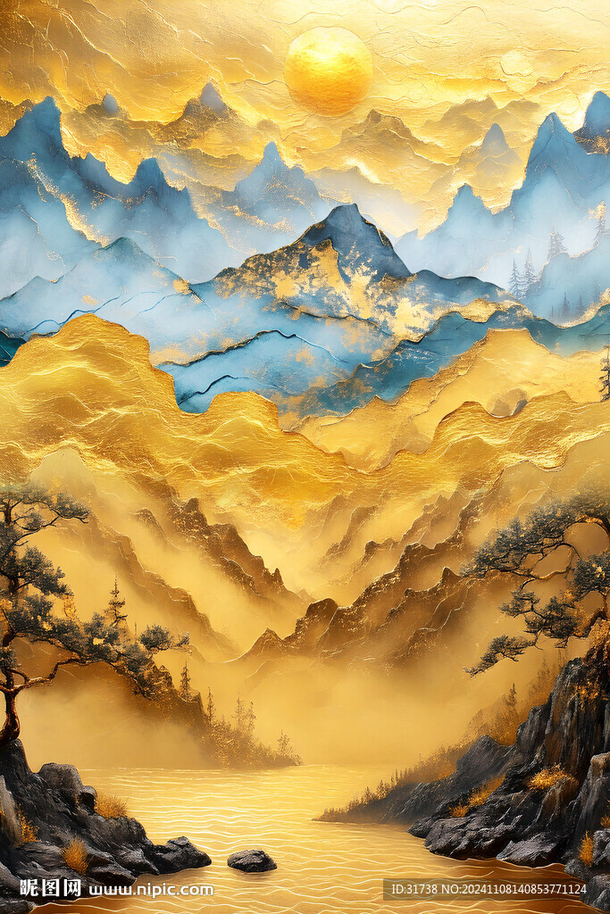 玄關金色山水畫