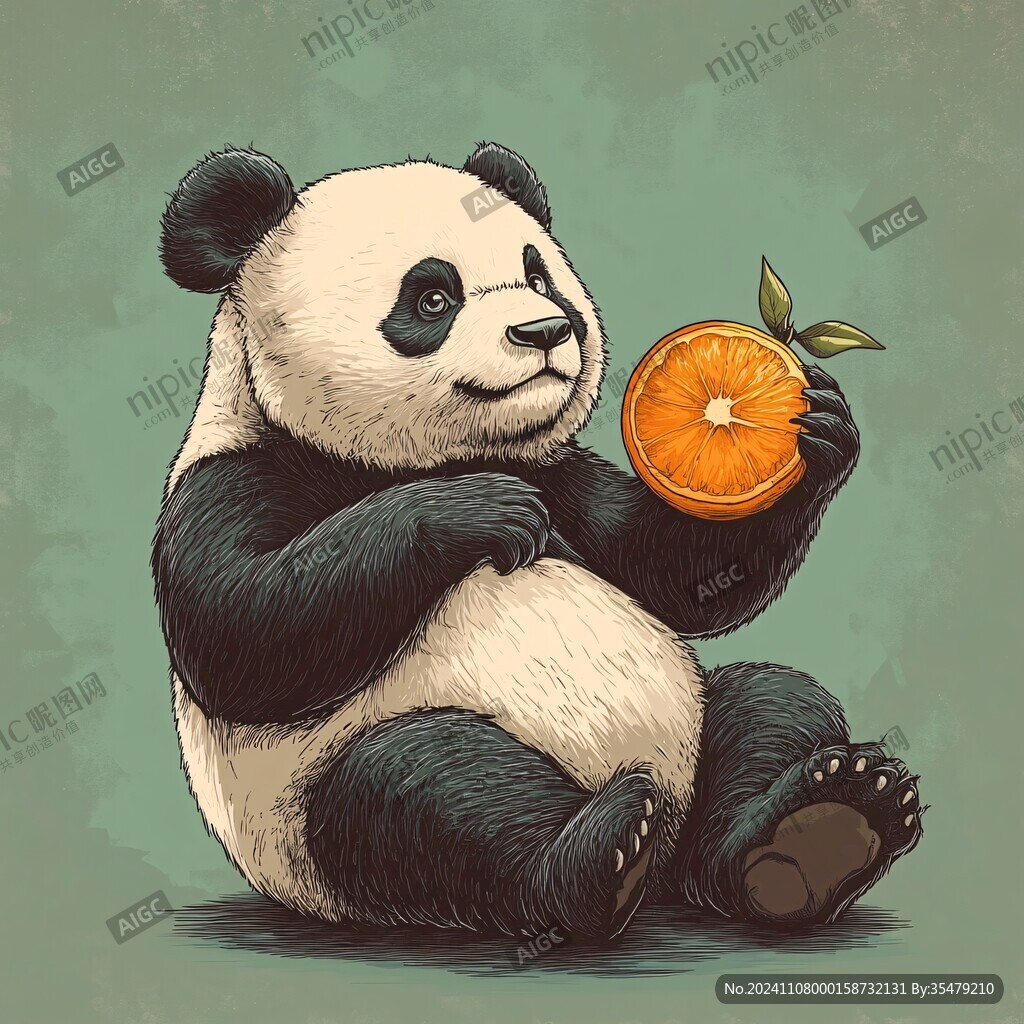 吃蘋果的熊貓插畫