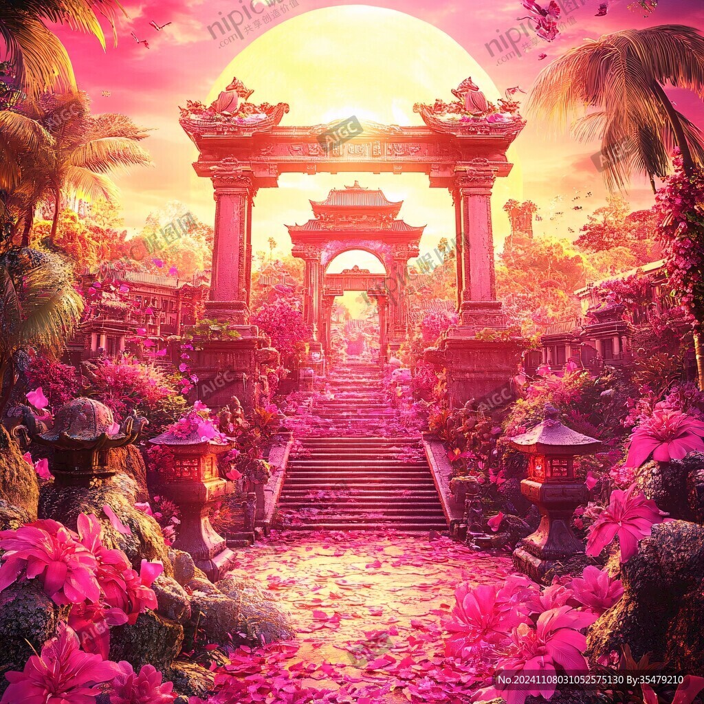 幻想粉紅宮殿插畫