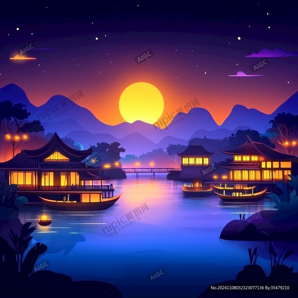 虎溪夜月景點插畫