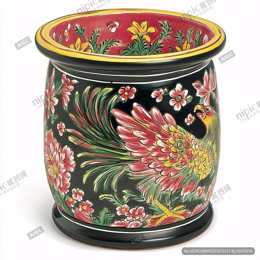 雉雞牡丹紋缸