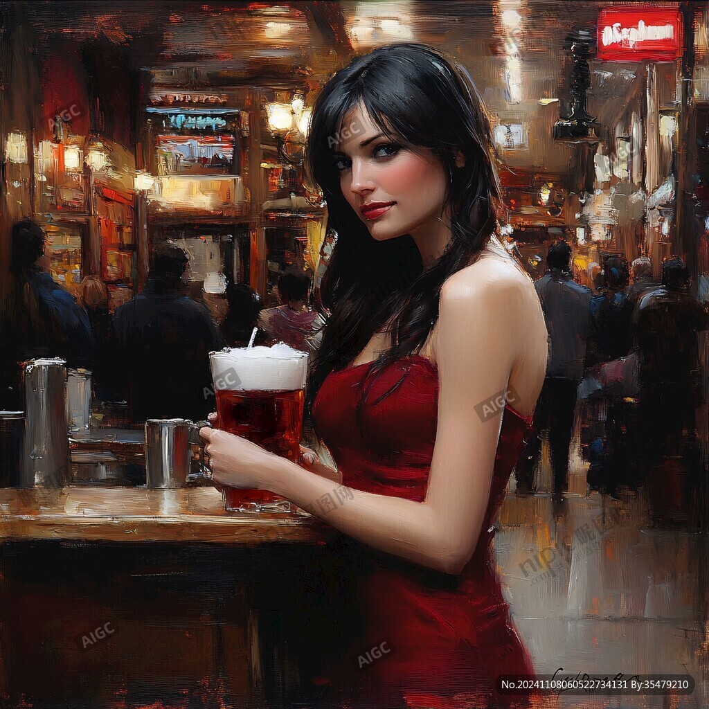 手繪喝飲料美女