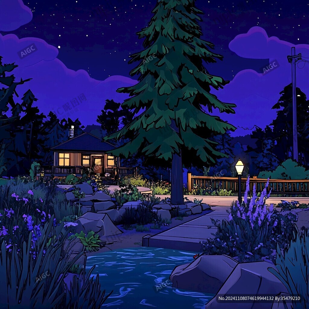 手繪庭院夜景