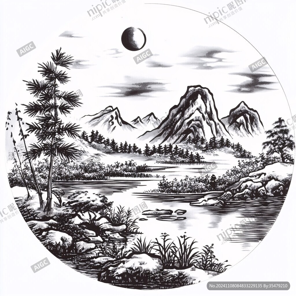 圓形手繪山水畫