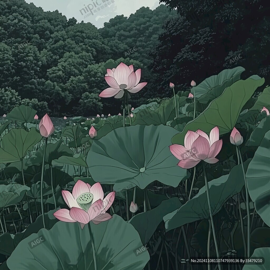 荷花池插畫
