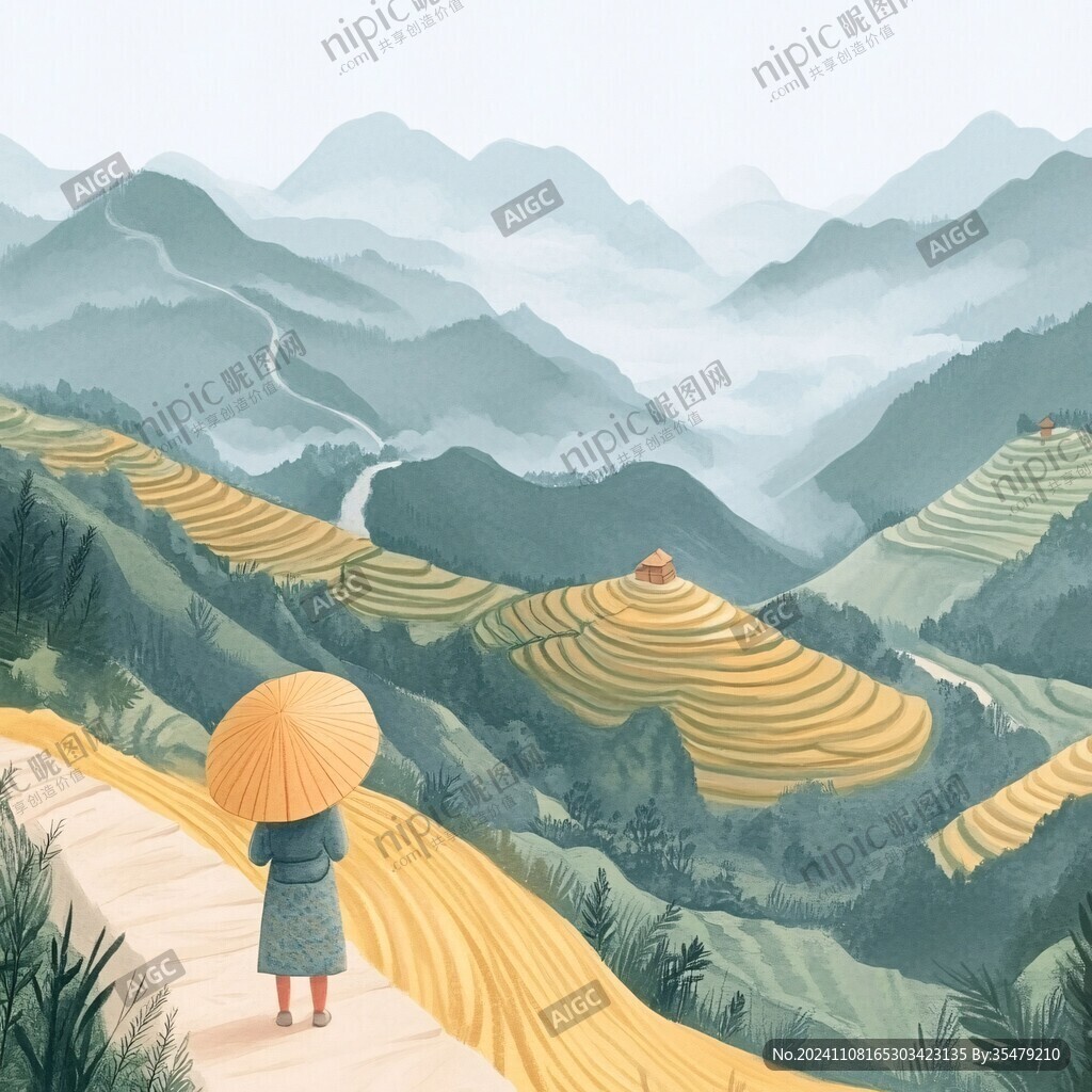 水稻梯田插畫