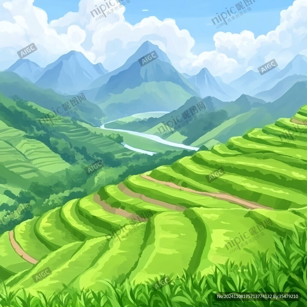 水稻梯田插畫