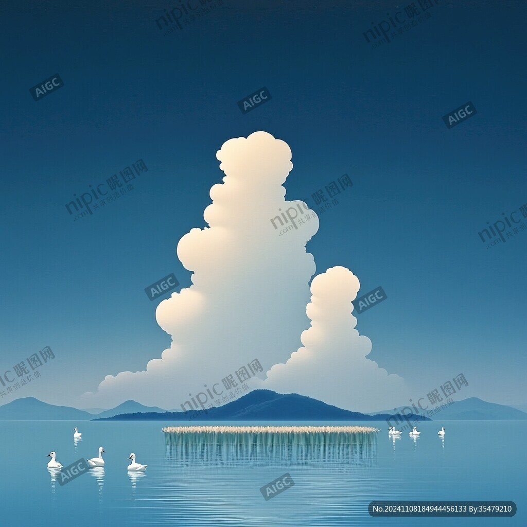藍天白云湖面水鳥