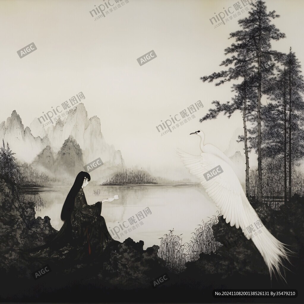 細(xì)筆山水仙鶴迎客松