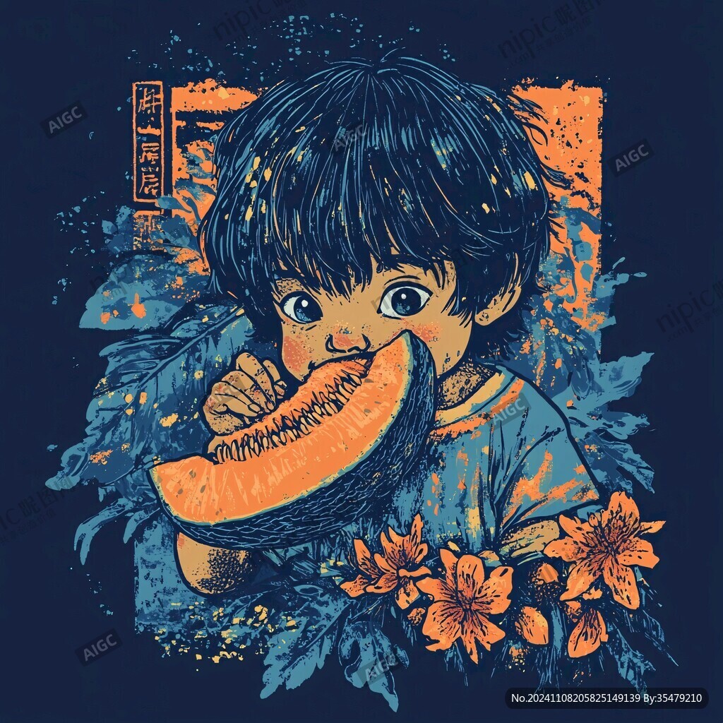 手繪西瓜與小孩