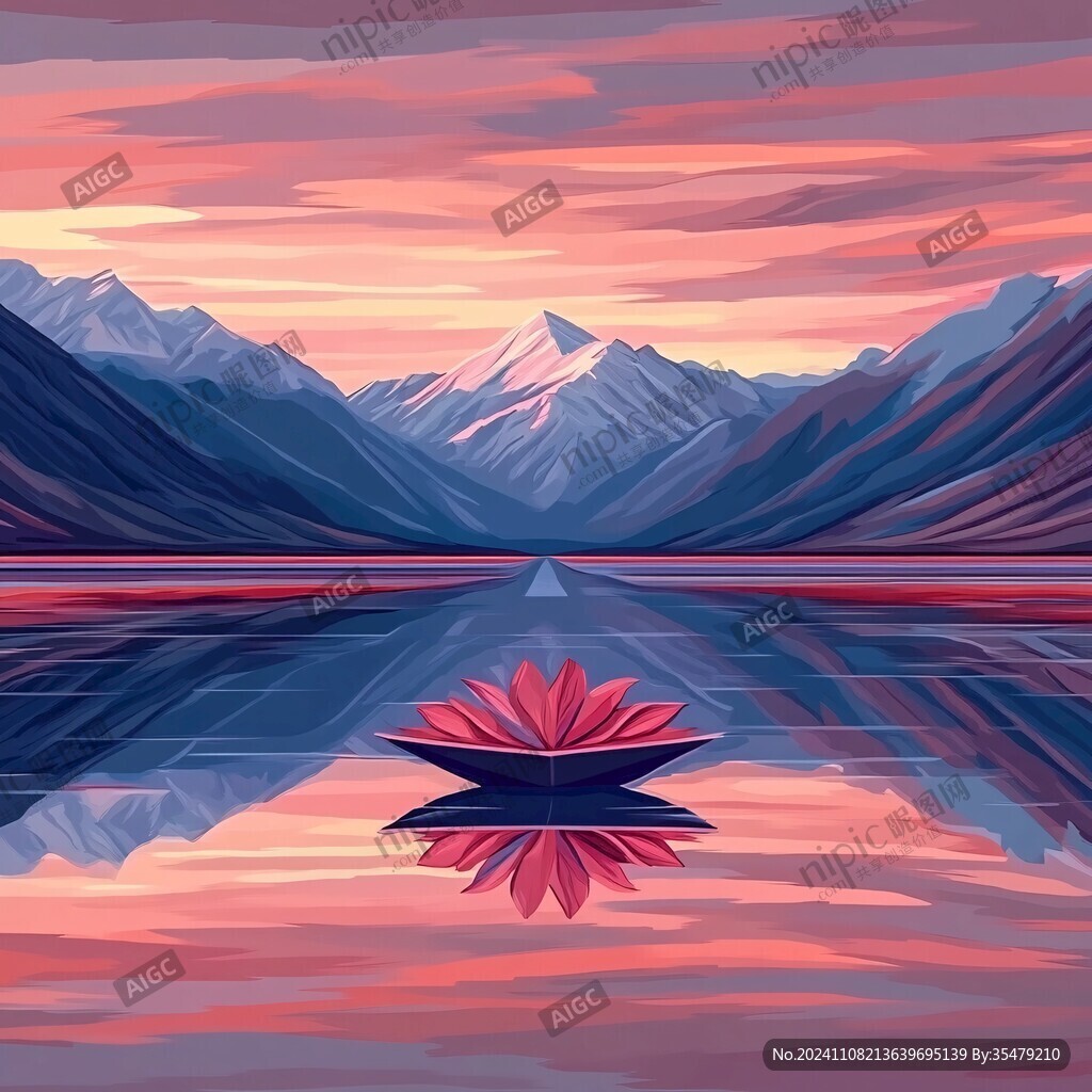 插畫山水湖