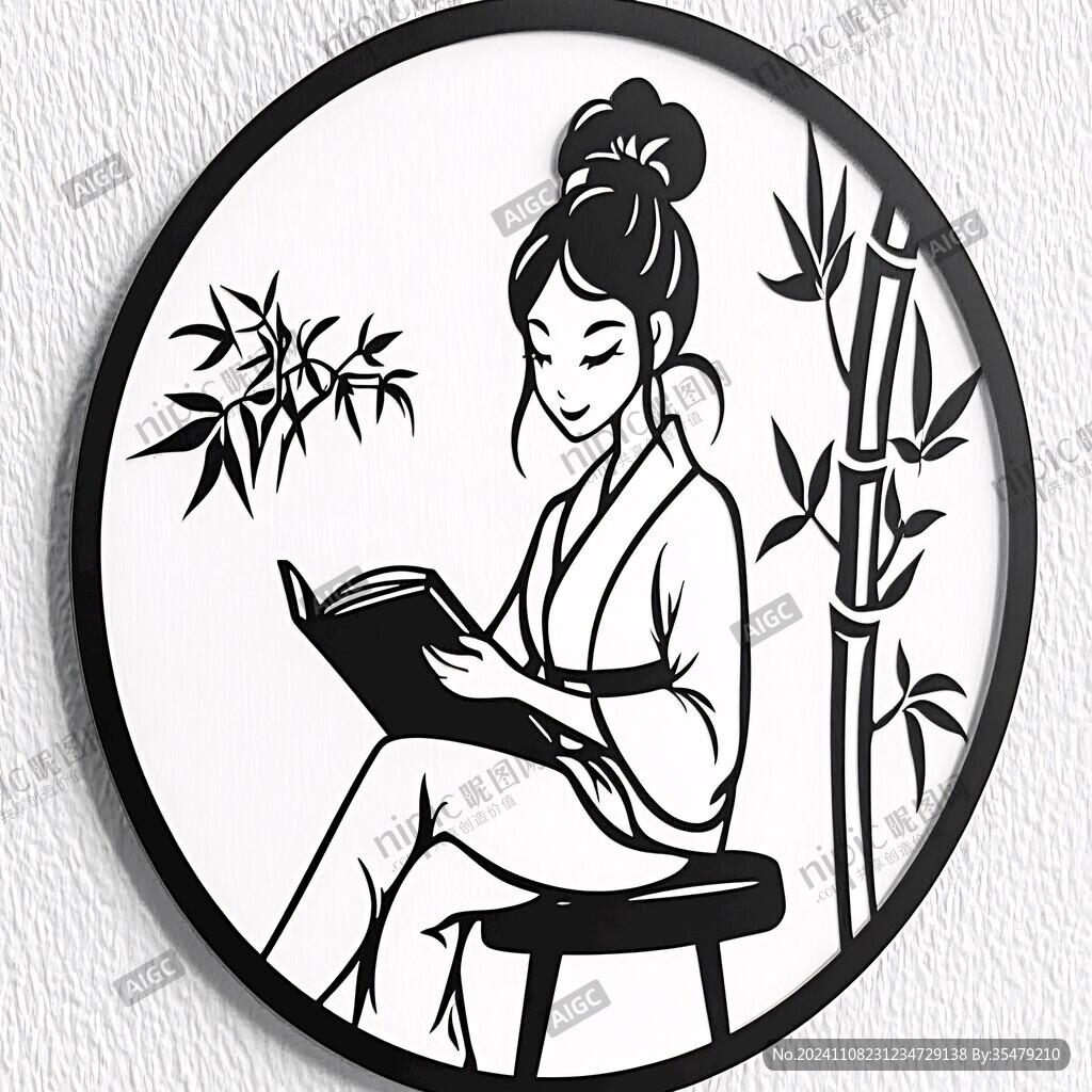 竹林和女孩水墨畫