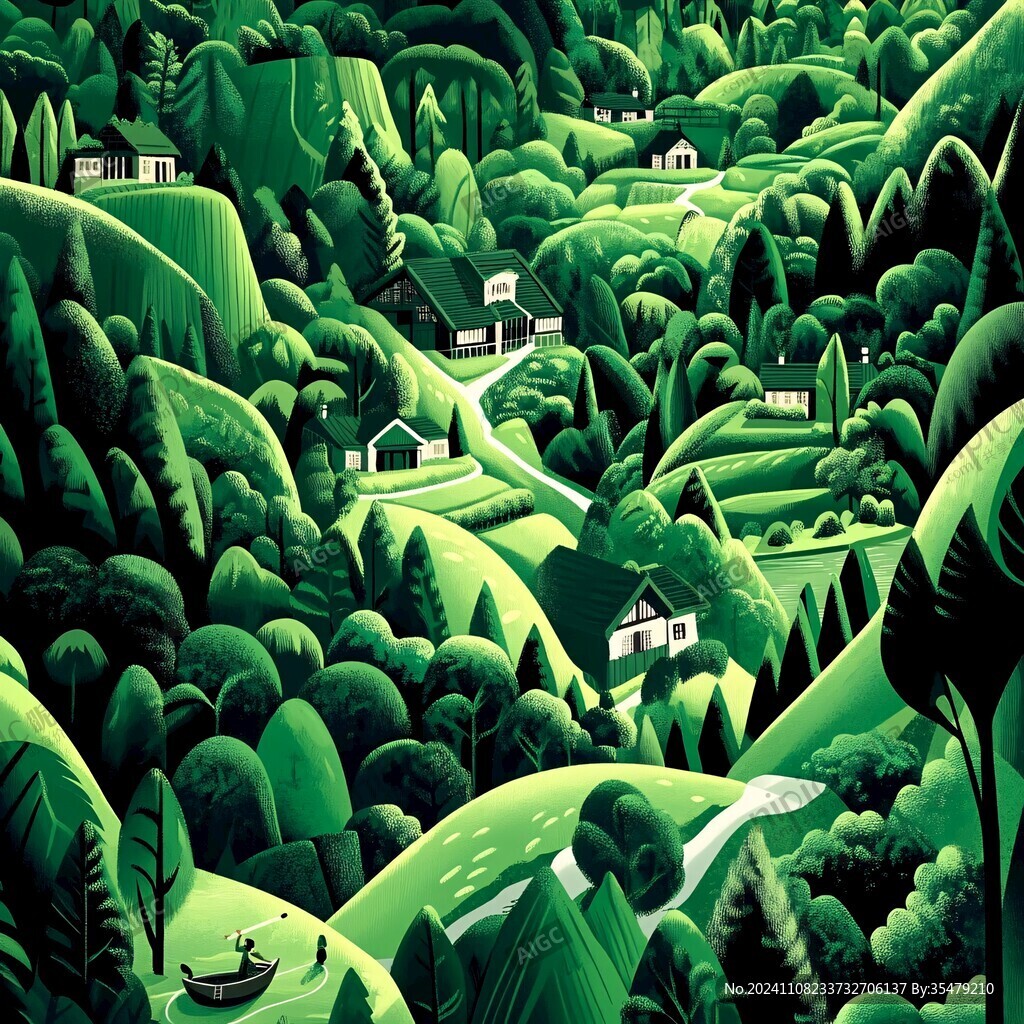 綠色山水風景綠色繪畫