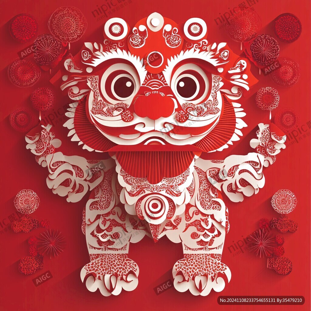 剪紙風(fēng)舞獅插畫