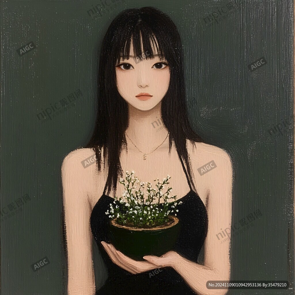 手捧盆栽的少女