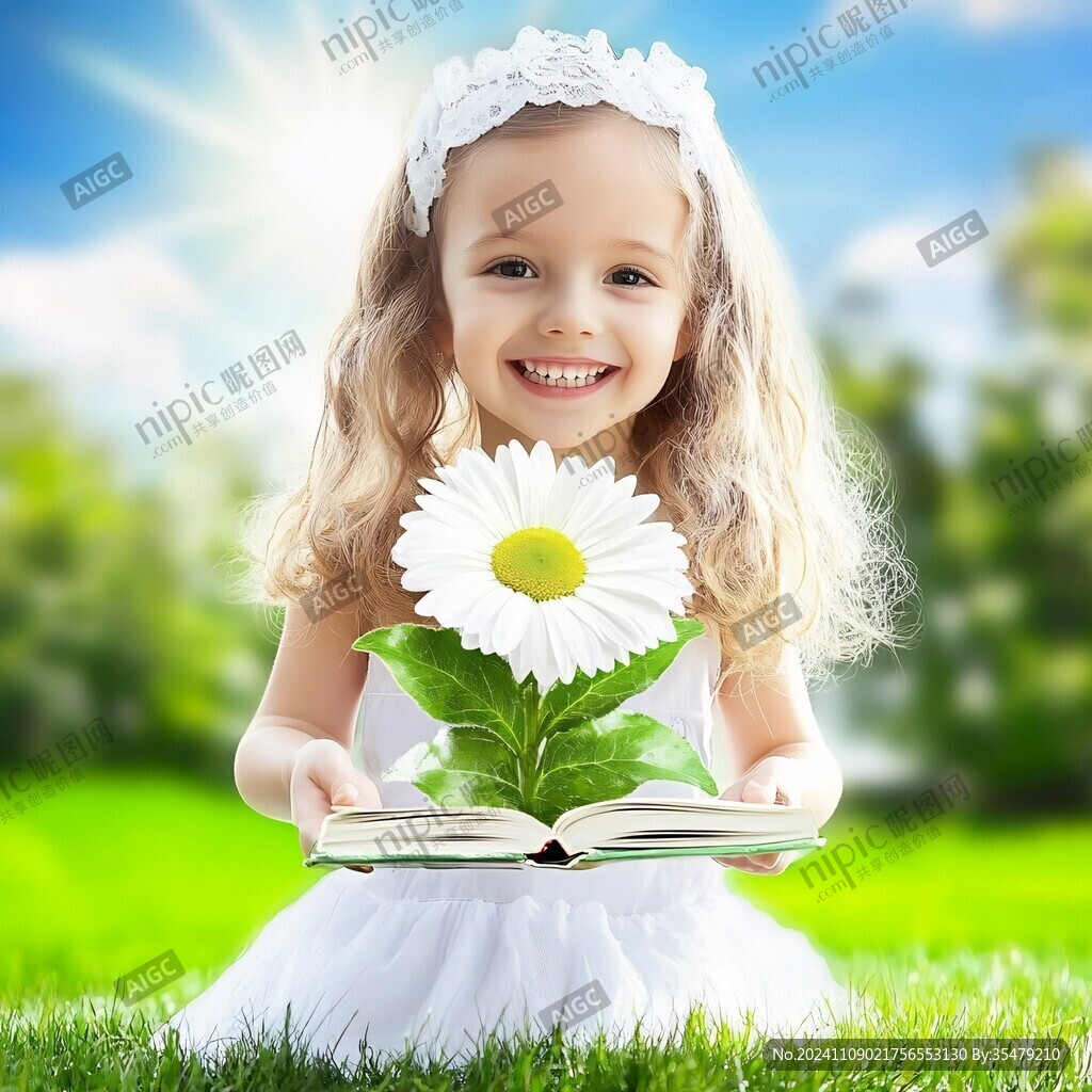 在草地上看書的小女孩