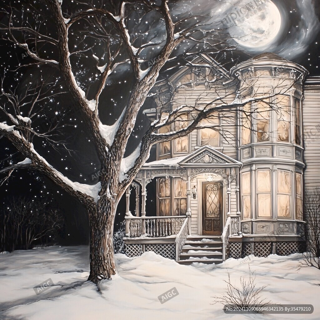 手繪雪夜風景無框畫