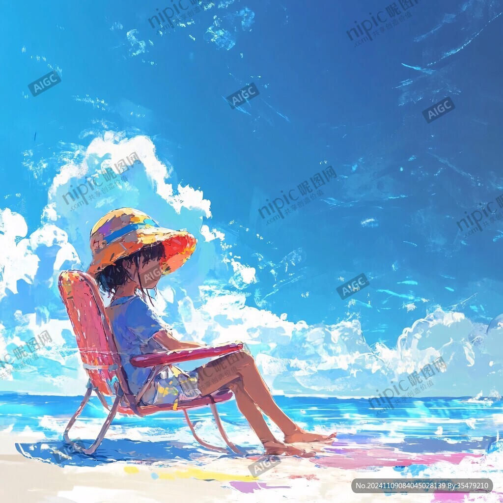女孩坐在海邊手繪