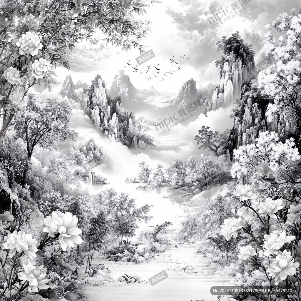 水墨數(shù)字畫工筆山水