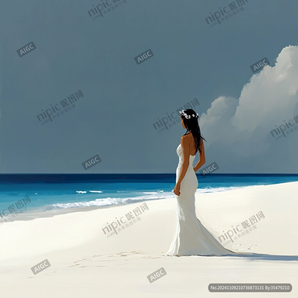 夏天看海美女背影插畫