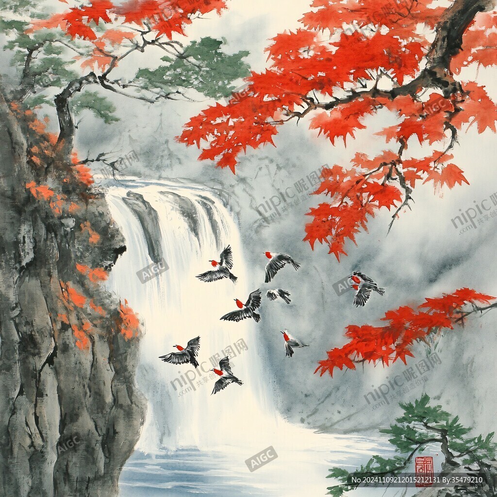 紅葉花鳥寫意山水